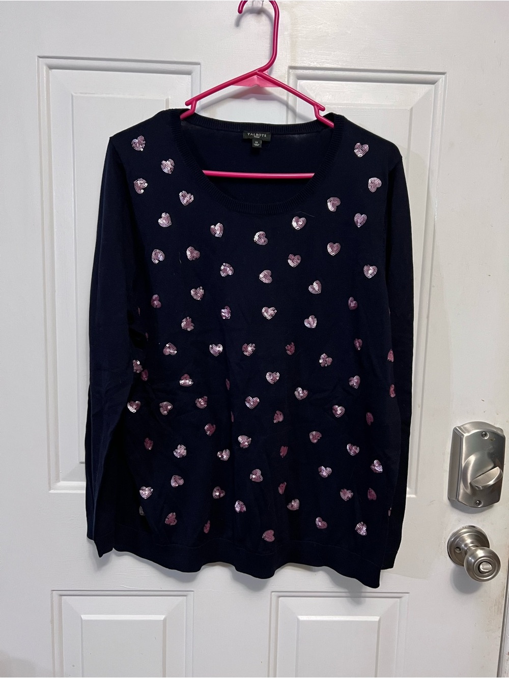 Talbots Women’s 1X Black Sweater Pink Sequin Hearts Long Sleeve Crewneck NWOT